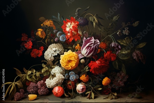 Fototapeta Naklejka Na Ścianę i Meble -  Richly colored still life showcasing an assortment of flowers against a dark background