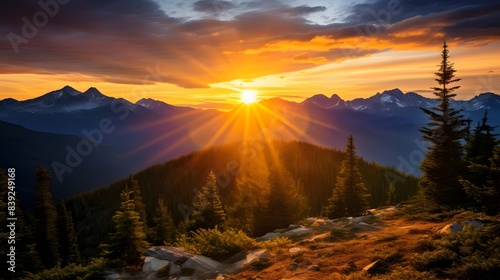 A breathtaking sunset over a tranquil mountain range, seen from a forested vantage point with vibrant colors and stunning natural beauty. © king