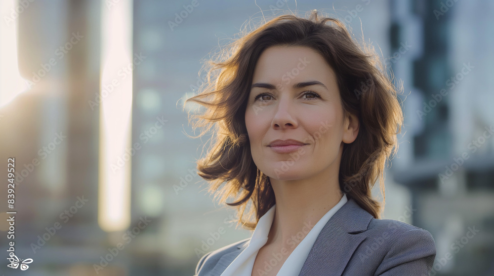 A strong and confident woman, who embodies the spirit of protagonism and admiration. She is 40 years old, an entrepreneur who lives in an urban environment with modern skyscrapers in the background A strong and confident woman, who embodies the spirit of protagonism and admiration. She is 40 years old, an entrepreneur who lives in an urban environment with modern skyscrapers in the background