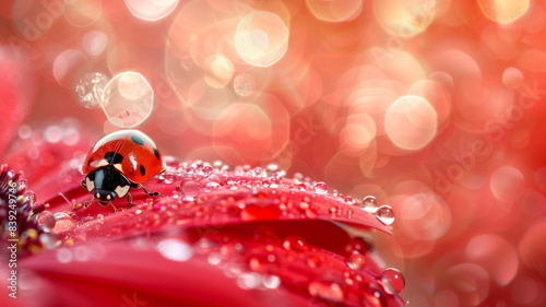 Close-up shot of a ladybug on a red flower petal covered in water drops, blurred background