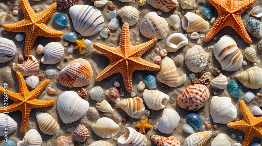 Shoreline Gems: Assortment of Seashells and Starfish Creating a Stunning Ocean Display on the Beach, Generative AI
