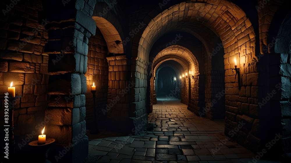 Dark dungeon long medieval castle corridor backgrounds, scary endless medieval catacombs with torches. Dark dungeon long medieval castle corridor backgrounds, scary endless medieval catacombs with torches.