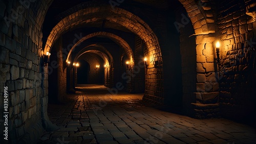 Dark dungeon long medieval castle corridor backgrounds, scary endless medieval catacombs with torches.
