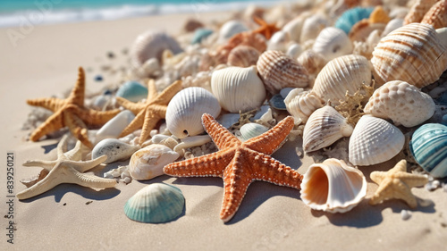 Coastal Chic: Seashells and Starfish Adorning the Beachfront in an Elegant Ocean Display, Generative AI photo