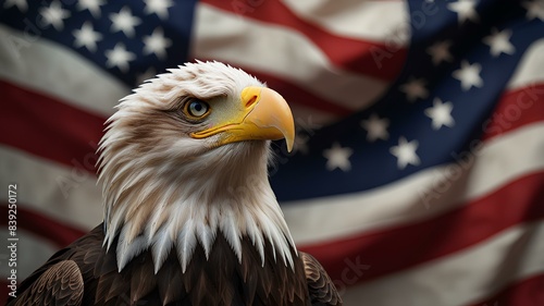 Eagle With American Flag Flies In Freedom, the national symbol of the USA.
