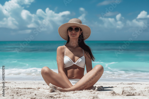 Wallpaper Mural woman wearing beach hat sitting on the beach, blue sky Torontodigital.ca