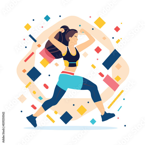 Young female athlete running dynamic abstract geometric shapes background. Sportswoman sprinting fitness exercise modern colorful design. Energetic jogger workout athletic training