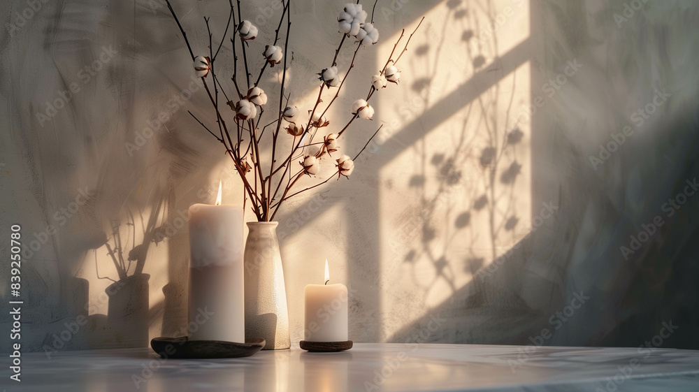 minimalist table setting with cotton flowers in a vase and aroma candles, grey background for banner minimalist table setting with cotton flowers in a vase and aroma candles, grey background for banner