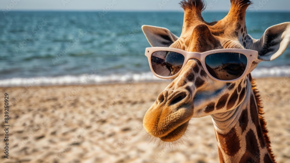Obraz premium A cool giraffe is so beautiful and funny.The backround has palm trees and complete the mood of the shot.Giraffe looks happy and peaceful