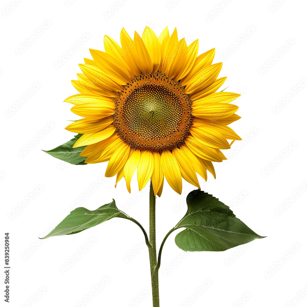 Vibrant, close-up image of a single sunflower in full bloom, showcasing bright yellow petals and a rich brown center against a white background. Vibrant, close-up image of a single sunflower in full bloom, showcasing bright yellow petals and a rich brown center against a white background.