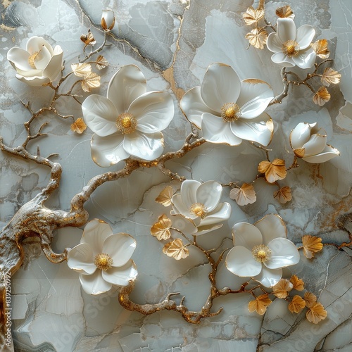 A painting of a bouquet of white flowers with gold accents
