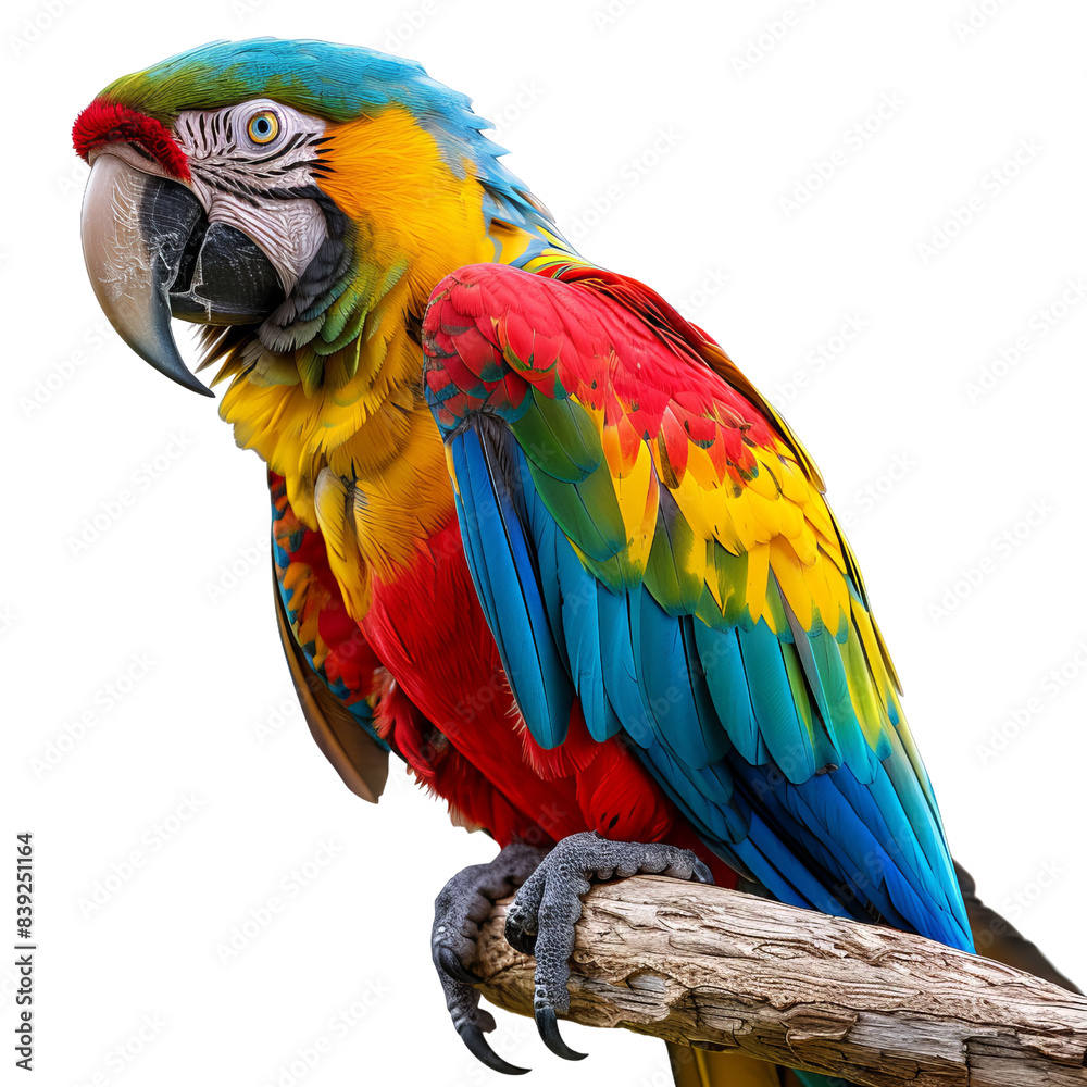Fototapeta premium Vibrant parrot perched on a branch with strikingly colorful feathers, showcasing nature's beauty and vivid colors in a tropical setting.