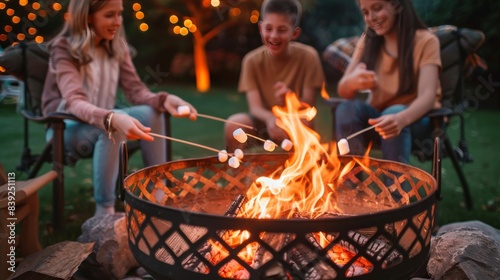 Families roasting marshmallows over a crackling fire pit, making delicious summer s'mores treats 