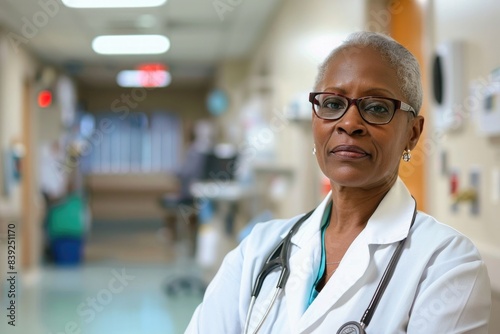 portrait of a middle aged black female doctor wearing glasses on hospital background