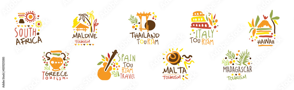 Naklejka premium Tourism and Travel Destination Logo and Label Design Vector Set