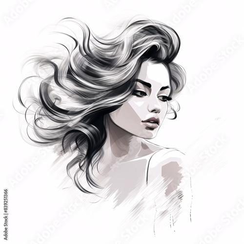 portrait of a woman, beautiful girl hairstyle, fashion sketch, white and black illustration, contour, white background