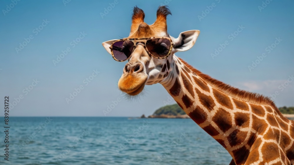 Fototapeta premium A cool giraffe is so beautiful and funny.The backround has palm trees and complete the mood of the shot.Giraffe looks happy and peaceful