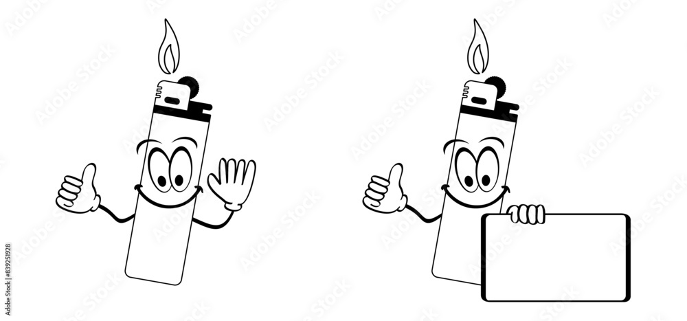 Fototapeta premium Cartoon plastic gas cigarette lighter icon. Lighters logo. For Flaming cigarette lighter. Fire symbol or logo. Smokers tools. Cigar, tobacco tool. Pocket lighter fire.