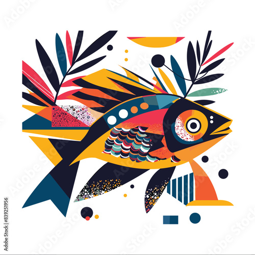 Colorful abstract fish illustration featuring geometric patterns, mixed textures, vibrant hues yellow, orange, red, blue. Stylish modern fish design, perfect art prints, dcor, creative projects