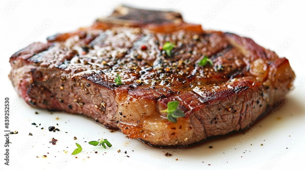 seared steak juicy texture Isolated on white background. concept of food is delicious for designer