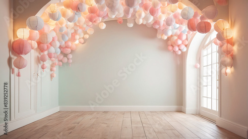 Dreamy Lantern Passage: Room Boasting a White Wall and Archway Bedecked with Dreamy Pastel Paper Lanterns, Conjuring an Ethereal Atmosphere, Generative AI photo