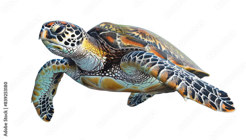 Obraz premium A beautifully patterned sea turtle swimming gracefully, showcasing its detailed shell and the elegance of marine life, isolated on transparent background
