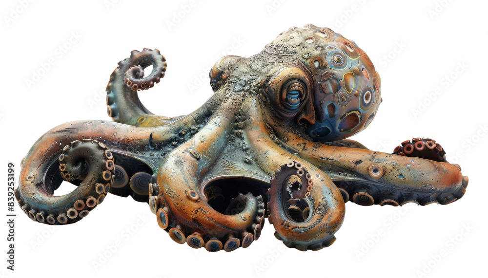 Obraz premium An intricately designed ceramic octopus, featuring detailed tentacles and vibrant orange and blue patterns, showcasing artistic craftsmanship, isolated on transparent background