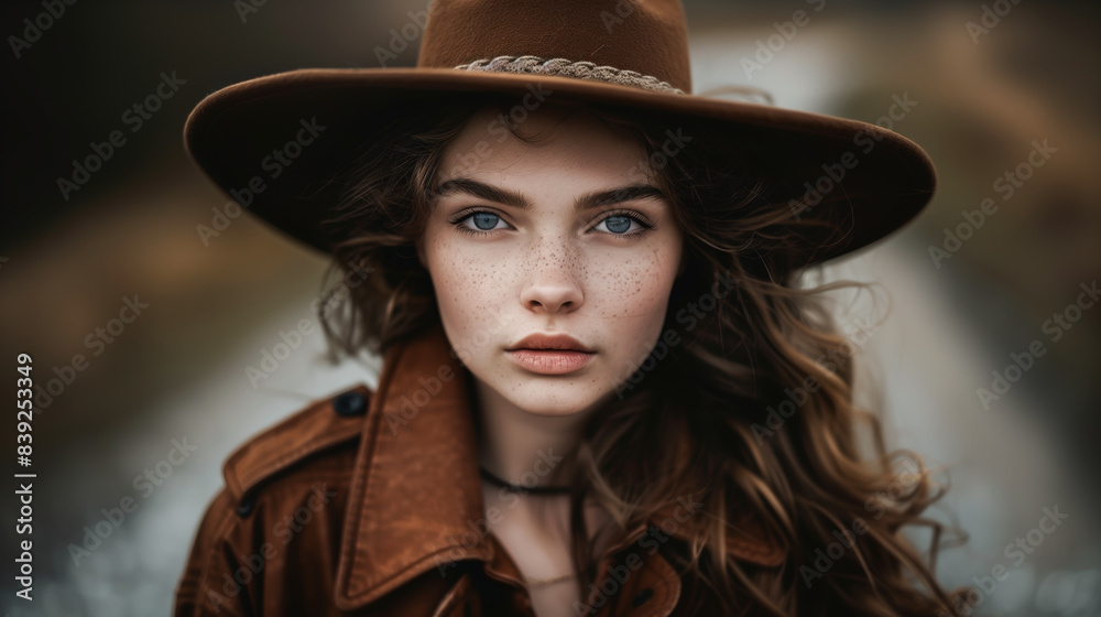 Portrait of a beautiful woman with a brown hat and jacket, long wavy hair, freckles on her face, mysterious expression Portrait of a beautiful woman with a brown hat and jacket, long wavy hair, freckles on her face, mysterious expression