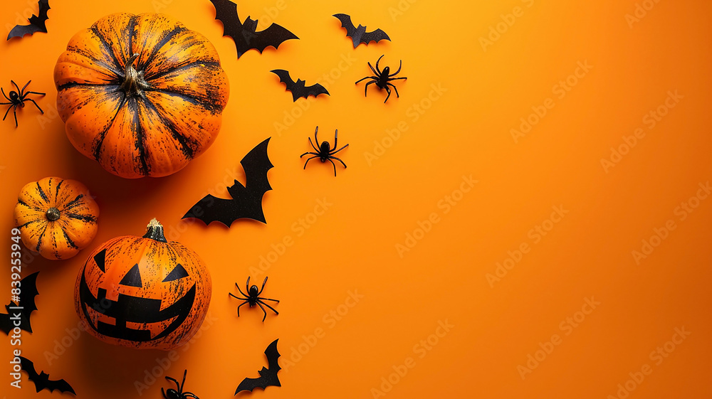 Halloween smiling pumpkins, black bats and spiders on an orange background, festive Halloween background with a place for text