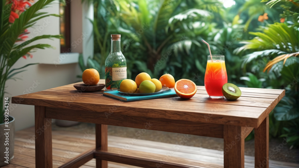 Tropical Serenity Nook: Inviting Retreat with a Wooden Table Set Amidst Vibrant Tropical Surroundings, Offering a Refreshing Drink, Fresh Fruits, and a Book for Leisurely Enjoyment, Generative AI Tropical Serenity Nook: Inviting Retreat with a Wooden Table Set Amidst Vibrant Tropical Surroundings, Offering a Refreshing Drink, Fresh Fruits, and a Book for Leisurely Enjoyment, Generative AI