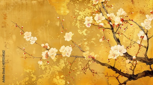 Fototapeta Naklejka Na Ścianę i Meble -  ancient golden paintings of plum blossom, classical paintings of Asia. Luxury ornament painting in golden texture 