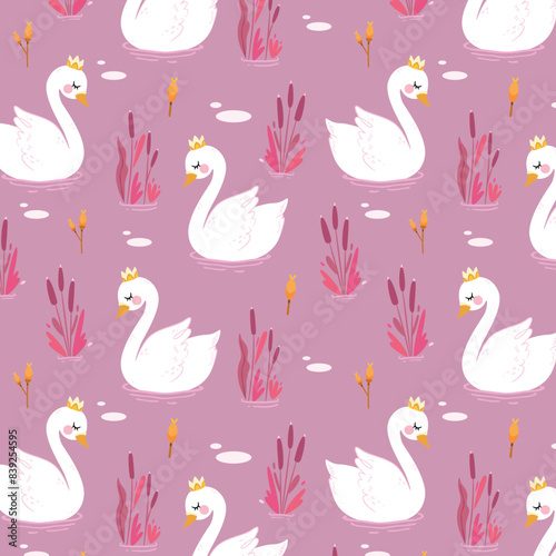 Cute hand drawn Swan and Flowers - vector print. Seamless pattern with cartoon swan  flowers  leaf