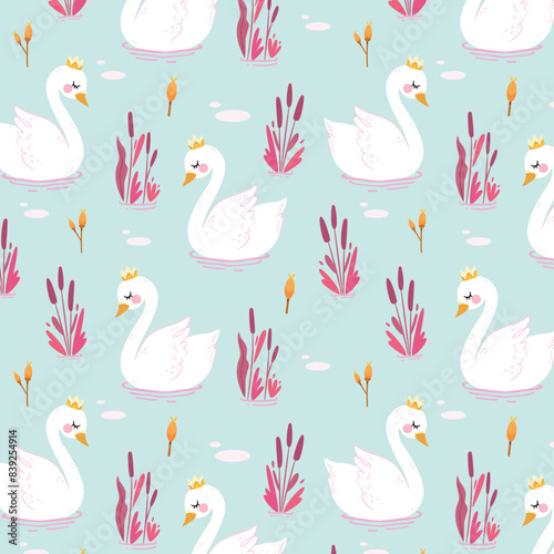 Cute hand drawn Swan and Flowers - vector print. Seamless pattern with cartoon swan  flowers  leaf