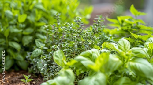 Fresh Herb Garden Close-Up: Basil, Thyme, and Greenery