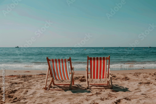 Two empty beach chairs facing the calm ocean on a sunny day  evoking relaxation and peaceful vacation vibes.