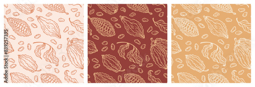 Set of Three Seamless Floral Patterns with Cacao Pods. Cocoa Beans and Leaves. Tropical Fruits. Great for Packaging design of milk, white and dark bitter Chocolate or cocoa powder. Hand drawing.