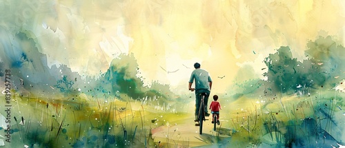 Heartfelt Father's Day Card with Watercolor Illustration of Father Teaching Child to Ride Bike, Space for Personal Messages