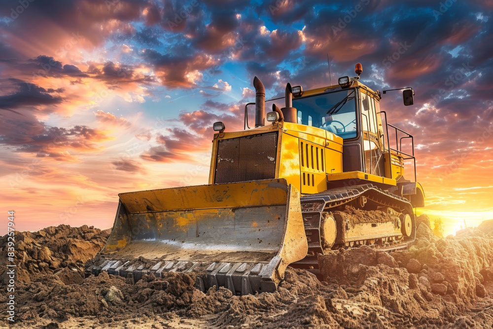 Large construction vehicle moving dirt at a construction site during a beautiful sunset, showcasing heavy machinery. Large construction vehicle moving dirt at a construction site during a beautiful sunset, showcasing heavy machinery.