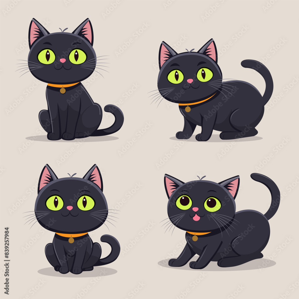 Fototapeta premium Cute cartoon black kitten in different poses