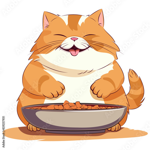 Fat funny cat next to a bowl of food