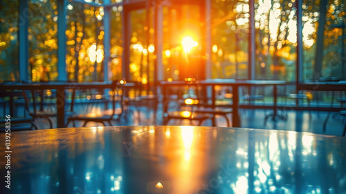 Empty restaurant table, sunset light