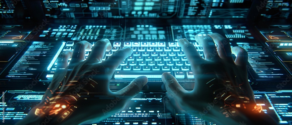 Cybersecurity Professional Typing on Futuristic Keyboard Surrounded by Virtual Screens with Security Protocols Displayed Cybersecurity Professional Typing on Futuristic Keyboard Surrounded by Virtual Screens with Security Protocols Displayed