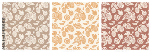 Set of Three Seamless Floral Patterns with Cacao Pods. Cocoa Beans and Leaves. Tropical Fruits. Great for Packaging design of milk, white and dark bitter Chocolate or cocoa powder. Hand drawn.