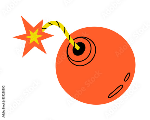 Hand drawn cute cartoon illustration of bomb with a burning wick. Danger explosive weapon. Flat vector stress or problem in doodle style. Planning or time management icon. Event deadline. Isolated.