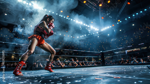 Female kickboxer flexing muscles before the fight photo