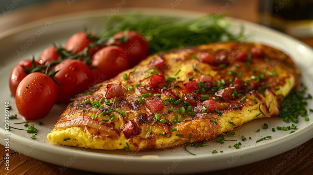 A Savory Morning Delight: Fluffy Omelette With Red Onion, Tomatoes, and Herbs. Generative AI A Savory Morning Delight: Fluffy Omelette With Red Onion, Tomatoes, and Herbs. Generative AI