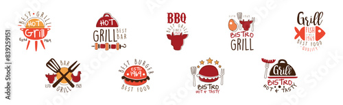 Grill Food Bistro Logo and Label Design Template Vector Set
