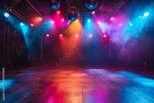 Empty concert stage with colorful lighting and smoke effects, vibrant beams of light shining down on a wooden floor.