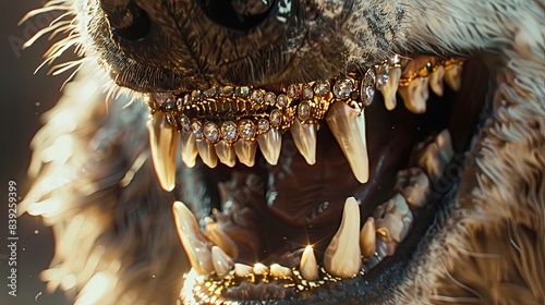 the teeth have a golden grill with diamonds in it. photo