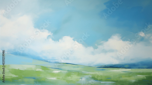 A minimalist landscape painting featuring a serene blue sky with white clouds and a green field